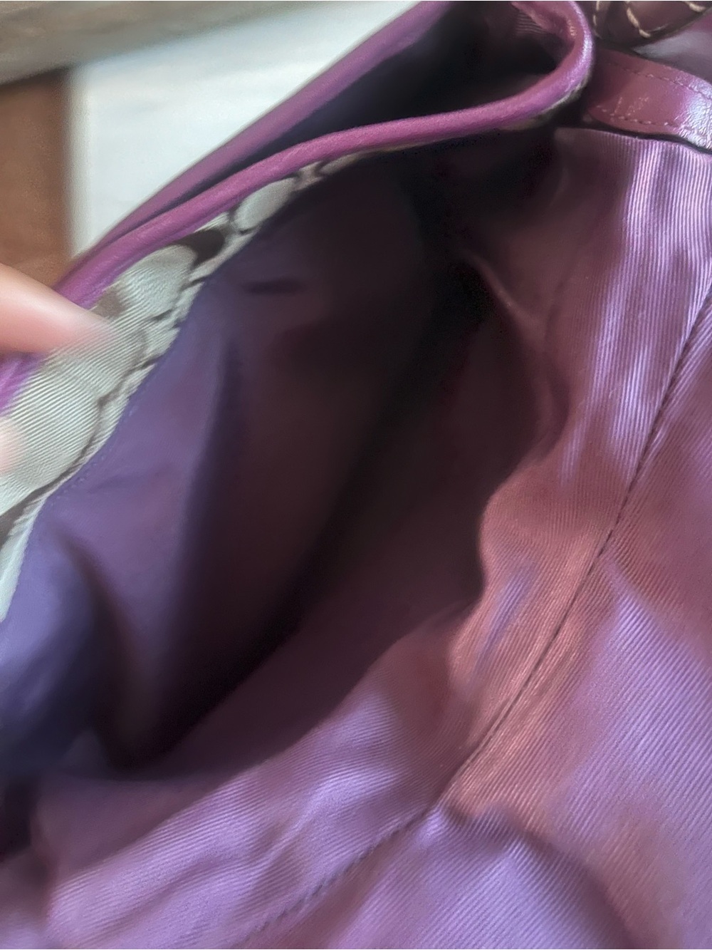 Coach Brown Signature Patchwork Shoulder Bag with Purple Trim - Picture 10 of 12